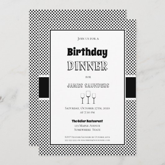 Schwarz-weiß Polka Dot Birthday Dinner Party Einladung (Vorne/Hinten)
