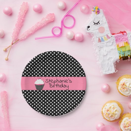 Schwarz-Weiß-Polka Dot-Cupcake-Papierplatte Pappteller (Party)