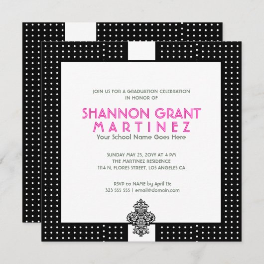 Schwarz-Weiß-Polka-Dot-Elegant Grad Einladung (Vorne/Hinten)