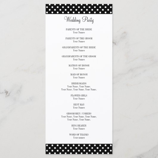 Schwarz-Weiß-Polka-Dot-Hochzeitsfeier Programm (Rückseite)