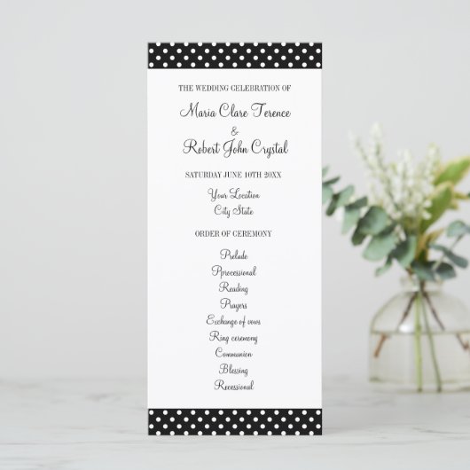 Schwarz-Weiß-Polka-Dot-Hochzeitsfeier Programm (Stehend Vorderseite)