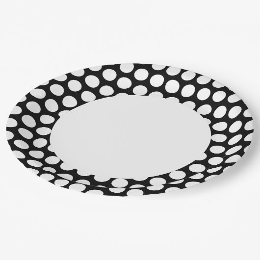 Schwarz-Weiß-Polka-Dot mit Kreis Pappteller (Schrägansicht)