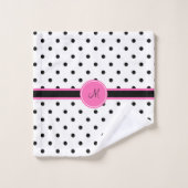 Schwarz-Weiß-Polka-Dot Monogramm mit Hot-Pink Badhandtuch Set (Waschlappen)