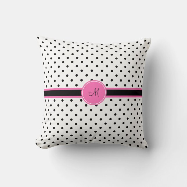 Schwarz-Weiß-Polka-Dot Monogramm mit Hot-Pink Kissen (Vorderseite)