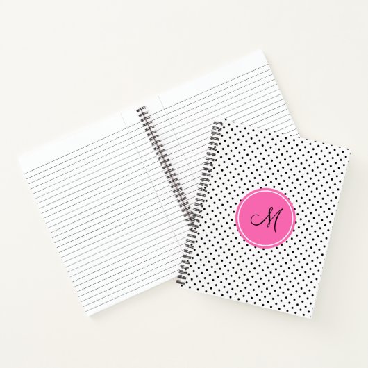 Schwarz-Weiß-Polka-Dot Monogramm mit Hot-Pink Notizbuch (Innenseite)