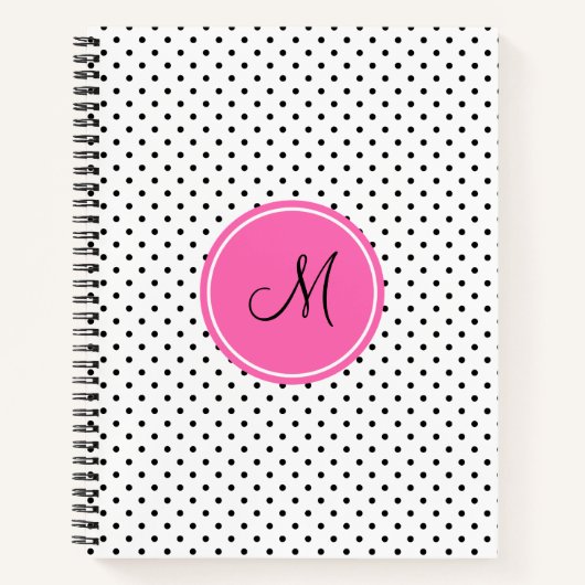 Schwarz-Weiß-Polka-Dot Monogramm mit Hot-Pink Notizbuch (Vorderseite)