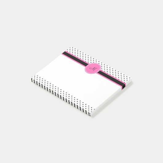 Schwarz-Weiß-Polka-Dot Monogramm mit Hot-Pink Post-it Klebezettel (angewinkelt)