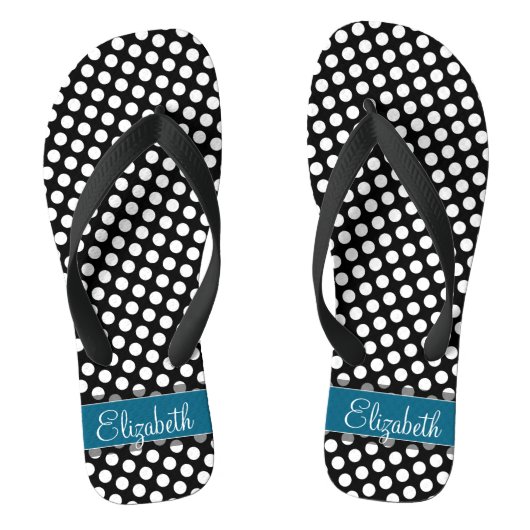 Schwarz-Weiß-Polka-Dot-Muster Blaues Monogramm Badesandalen (Fußbett)