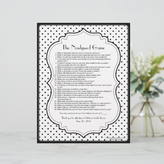 Schwarz-weiß Polka Dot Newlywed Brautparty Game (Stehend Vorderseite)