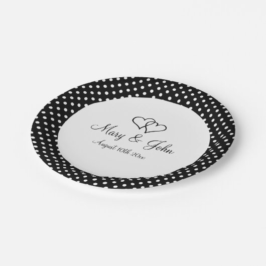 Schwarz-Weiß-Polka-Dot-Papier Hochzeitsfeier Telle Pappteller (Schrägansicht)