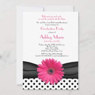 Schwarz-weiß Polka Dot Pink Daisy Abschluss Einladung
