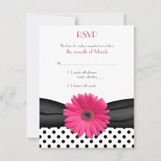 Schwarz-weiß Polka Dot Pink Daisy Wedding RSVP Karte (Vorderseite)