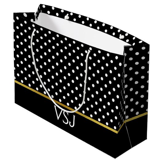 Schwarz-Weiß-Polka-Dot und Monogramm Große Geschenktüte (Rückseite Schrägansicht)