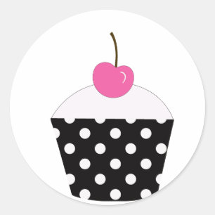 Schwarz-Weiß-Polka-Dotkuchen mit rosa Kirsche Runder Aufkleber