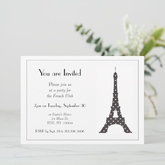 Schwarz-Weiß-Polka-Dots-Eiffelturm Einladung (Stehend Vorderseite)