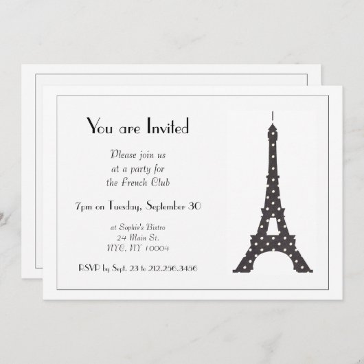 Schwarz-Weiß-Polka-Dots-Eiffelturm Einladung (Vorne/Hinten)