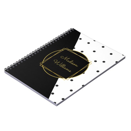 Schwarz-Weiß-Polka-Dots-Farbblock mit dem Namen Notizblock (Linke Seite)
