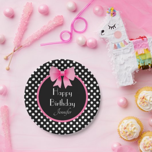 Schwarz & Weiß Polka Dots Muster Pink Bow Geburtst Pappteller (Party)