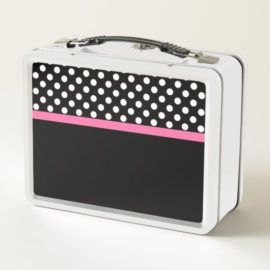 Schwarz & Weiß Polka Dots Muster rosa Bow Name Metall Brotdose (Rückseite)