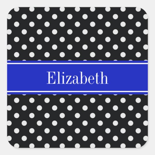 Schwarz-weiß Polka Dots Royal Blue Name Monogram Quadratischer Aufkleber (Vorderseite)