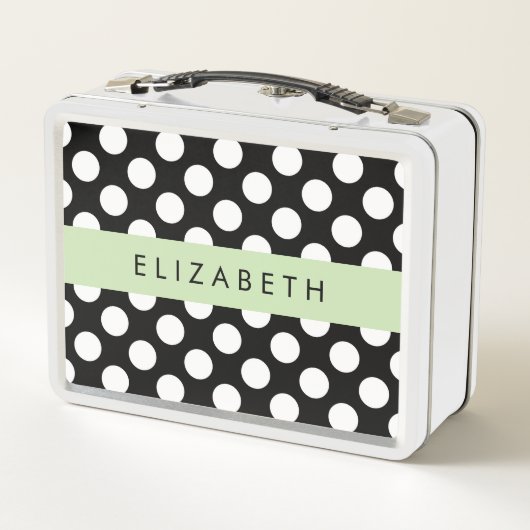 Schwarz-Weiß-Polka-Punkte, Dotter, Ihr Name Metall Brotdose (Rückseite)