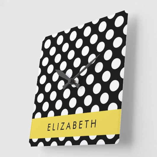 Schwarz-Weiß-Polka-Punkte, Dotter, Ihr Name Quadratische Wanduhr (Winkel)