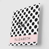 Schwarz-Weiß-Polka-Punkte, Dotter, Ihr Name Quadratische Wanduhr (Winkel)