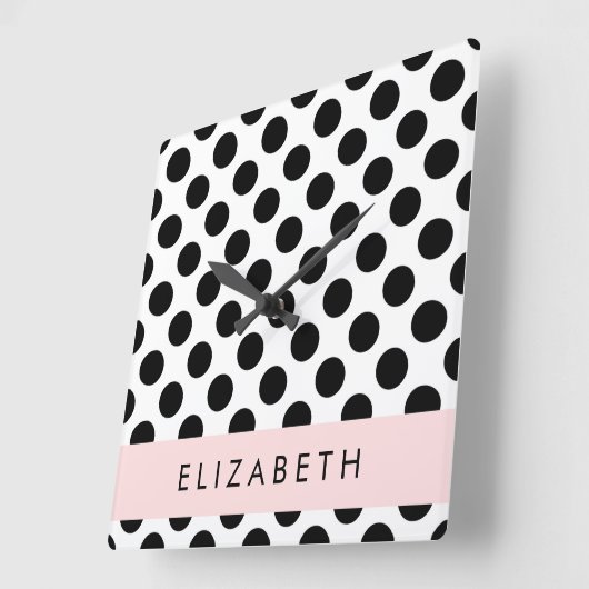Schwarz-Weiß-Polka-Punkte, Dotter, Ihr Name Quadratische Wanduhr (Winkel)