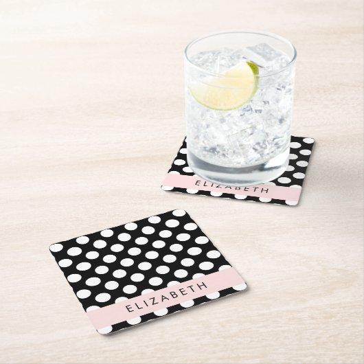 Schwarz-Weiß-Polka-Punkte, Dotter, Ihr Name Rechteckiger Pappuntersetzer (Vor Ort)