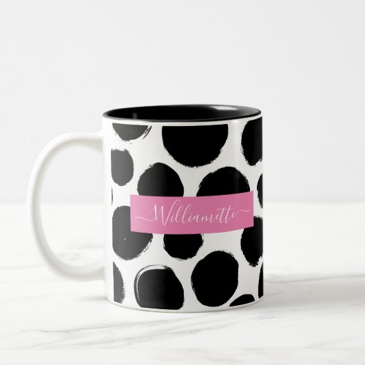 Schwarz-Weiß-Polka-Punkte mit Individuelle Name Zweifarbige Tasse (Links)