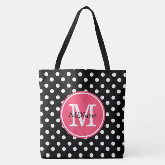 Schwarz-Weiß-Polka-Punkte mit rosa Monogramm Tasche (Vorderseite)
