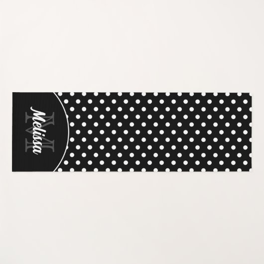 Schwarz-Weiß-Polka-Punkte Retromuster Monogramm Yogamatte (Vorderseite (Horizontal))