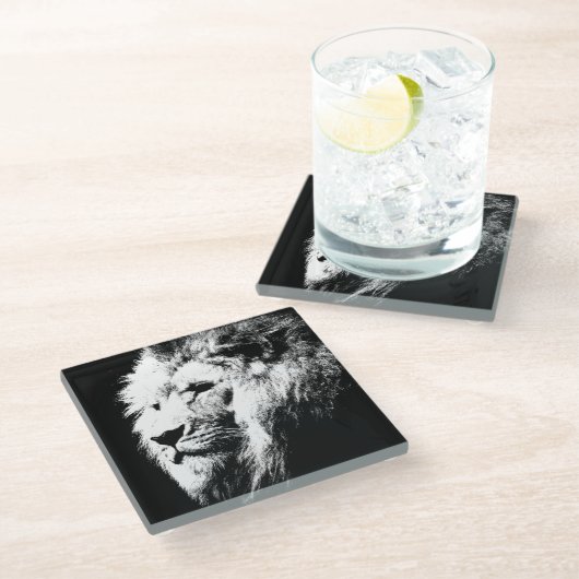 Schwarz-Weiß-Pop Art Lion Head Moderne Moderne Glasuntersetzer (Schrägansicht)