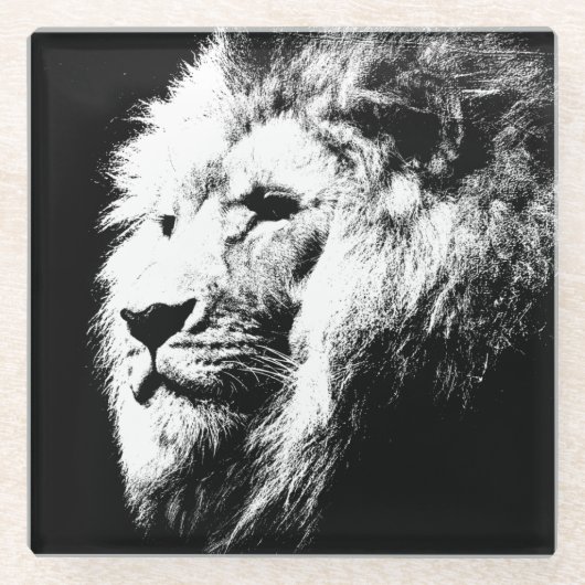 Schwarz-Weiß-Pop Art Lion Head Moderne Moderne Glasuntersetzer (Vorderseite)