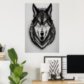 Schwarz-Weiß-Porträt eines Wolfs | AI Art Poster (Heimbüro)
