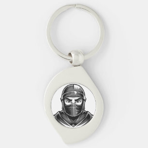 Schwarz-weiß-Porträtkopf männlicher Krieger-Ninja Schlüsselanhänger