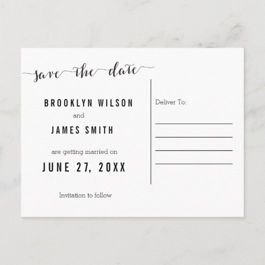 Schwarz-Weiß-Postkarte Save the Date Ankündigungspostkarte (Rückseite)