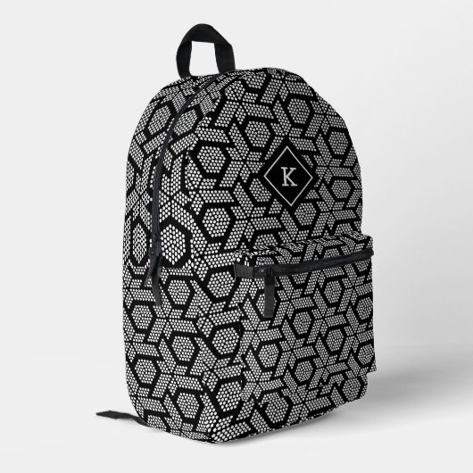 Schwarz-Weiß-Punkte in einem geometrischen Muster Bedruckter Rucksack (Rückseitige Ecke links)