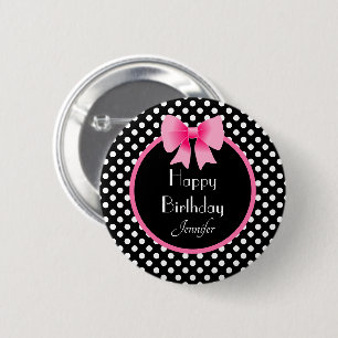 Schwarz-Weiß-Punkte-Muster Rosa-Schleife-Name Button