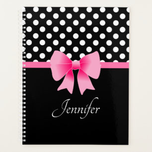 Schwarz-Weiß-Punkte-Muster Rosa-Schleife-Name Planer