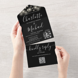 Schwarz-Weiß QR Code Mason Jars Lights Hochzeit All In One Einladung