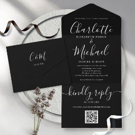 Schwarz-Weiß-QR-Code Minimalistische Hochzeit All In One Einladung
