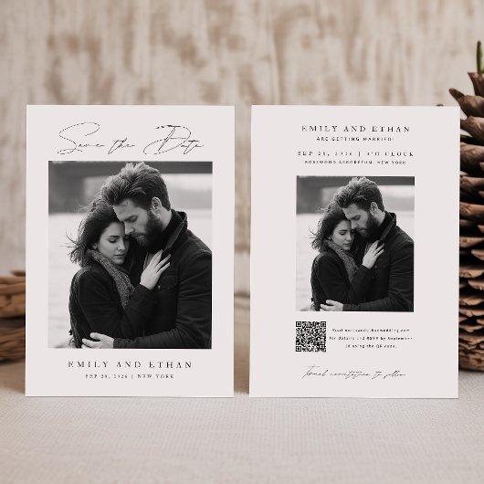 Schwarz-Weiß-QR-Foto für Hochzeiten Save the Date Einladung