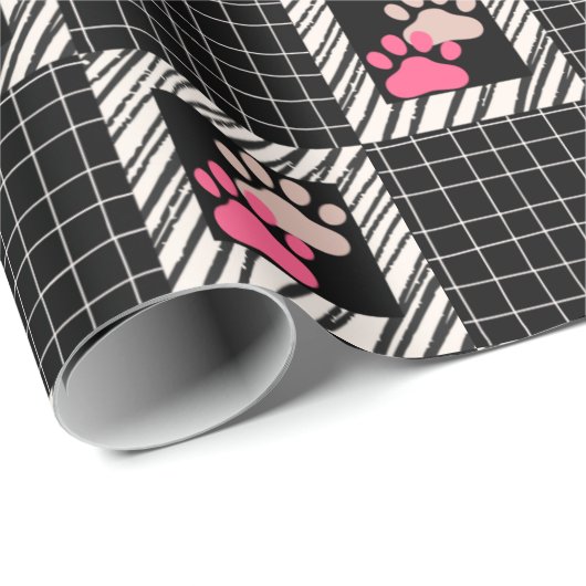 Schwarz-Weiß-Quadrat mit rosa Katzenpaaren Geschenkpapier (Rolleneckpunkt)