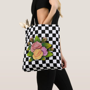 Schwarz-Weiß-Quadrat und Rose Tasche