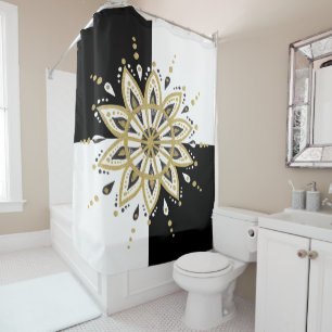 Schwarz & Weiß Quadrate Gold & Black Mandala Duschvorhang