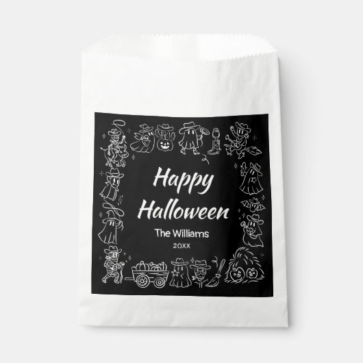 Schwarz-Weiß-Quirky Hand Draodles Halloween Geschenktütchen (Vorderseite)