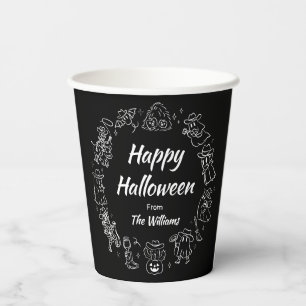 Schwarz-Weiß-Quirky Hand Draodles Halloween Pappbecher