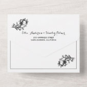 Schwarz-Weiß-Rahmen mit Blumen, Initialen Hochzeit All In One Einladung (Rückseite)