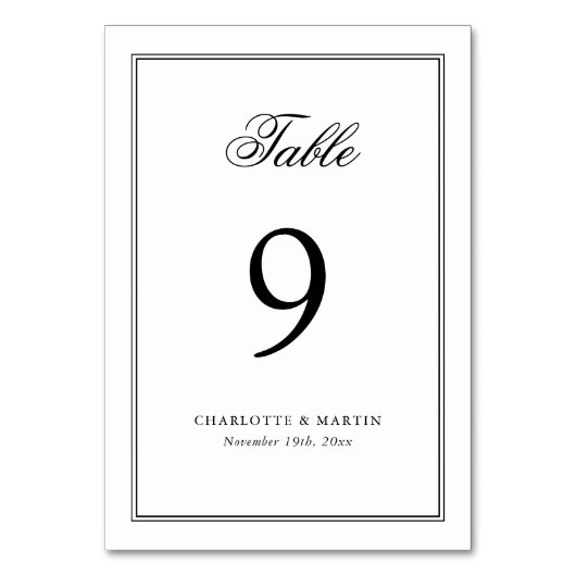 Schwarz-Weiß-Rahmen-Script-Hochzeit Tischnummer (Vorderseite)